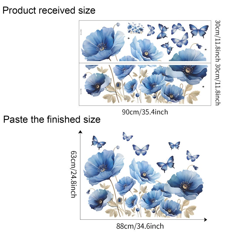 TUOKING Blue Flowers Wall Stickers Removable Butterfly Wall Murals Peel and Stick Wall Art Decal Home Decor for Kitchen,Bedroom,Living Room(fun-c13) - Image 2