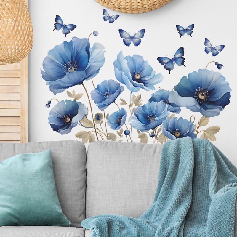 TUOKING Blue Flowers Wall Stickers Removable Butterfly Wall Murals Peel and Stick Wall Art Decal Home Decor for Kitchen,Bedroom,Living Room(fun-c13) - Image 4