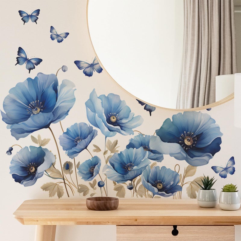 TUOKING Blue Flowers Wall Stickers Removable Butterfly Wall Murals Peel and Stick Wall Art Decal Home Decor for Kitchen,Bedroom,Living Room(fun-c13) - Image 3