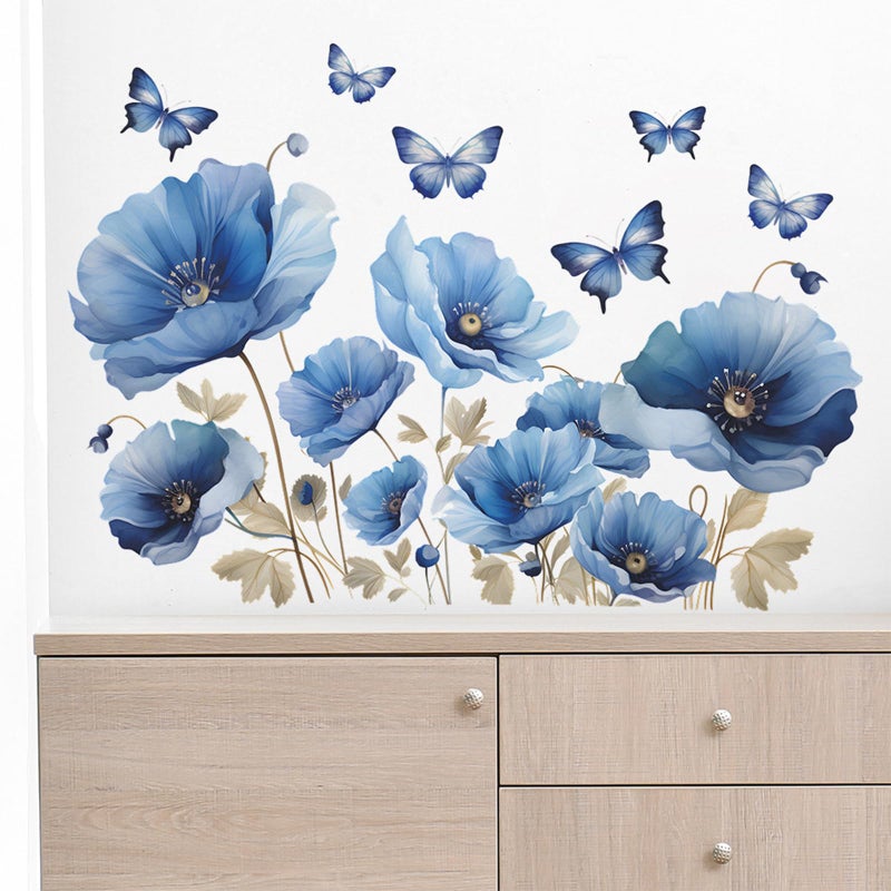 TUOKING Blue Flowers Wall Stickers Removable Butterfly Wall Murals Peel and Stick Wall Art Decal Home Decor for Kitchen,Bedroom,Living Room(fun-c13) - Image 5