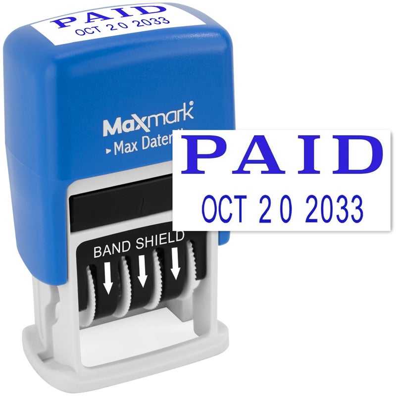 MaxMark SelfInking Rubber Date Office Stamp with Paid Phrase  Date  Blue Ink Max Dater II 12Year Band
