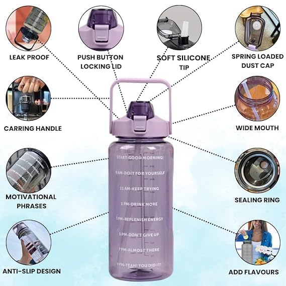 ZUDELLA 2L-Capacity Belt Straw|Transparent Motivational Water Bottles|Time Marker Leak Proof&Break-Proof|Best Usage For-Sport/Office/School/Gym/Travel Bottle| (PARPLE-BOTTLE) Plastic - Image 2