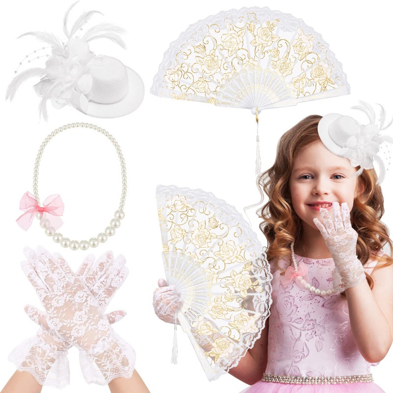 Sintege 4 Pcs Girls Tea Party Set Girls Tea Party Accessories Gloves Hats Necklace Fans for ToddlerWhite - Image 2