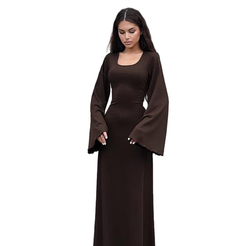 ZGMYC Women's Scoop Neck Lace Up Ribbed Maxi Dress Knit Flare Sleeve Bodycon Dress Loose Casual Long Dresses Brown - Image 4