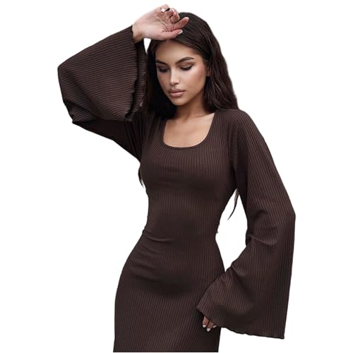 ZGMYC Women's Scoop Neck Lace Up Ribbed Maxi Dress Knit Flare Sleeve Bodycon Dress Loose Casual Long Dresses Brown - Image 3