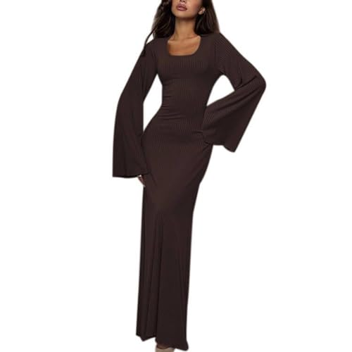 ZGMYC Women's Scoop Neck Lace Up Ribbed Maxi Dress Knit Flare Sleeve Bodycon Dress Loose Casual Long Dresses Brown - Image 5