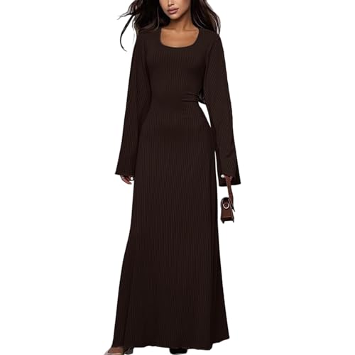 ZGMYC Women's Scoop Neck Lace Up Ribbed Maxi Dress Knit Flare Sleeve Bodycon Dress Loose Casual Long Dresses Brown - Image 1