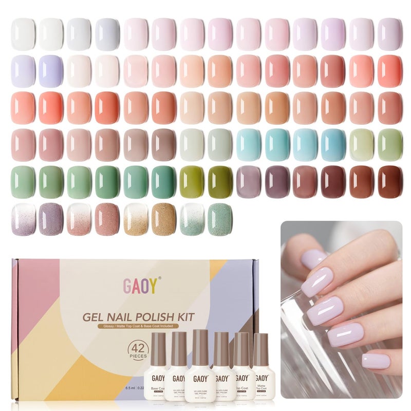 GAOY 42 Pcs Gel Nail Polish Kit, Pastel Jelly Pink Green Shimmer Colors All Seasons Gel Nail Polish Set with Glossy & Matte Top Coat and Base Coat for Salon and DIY Manicure at Home - Image 1