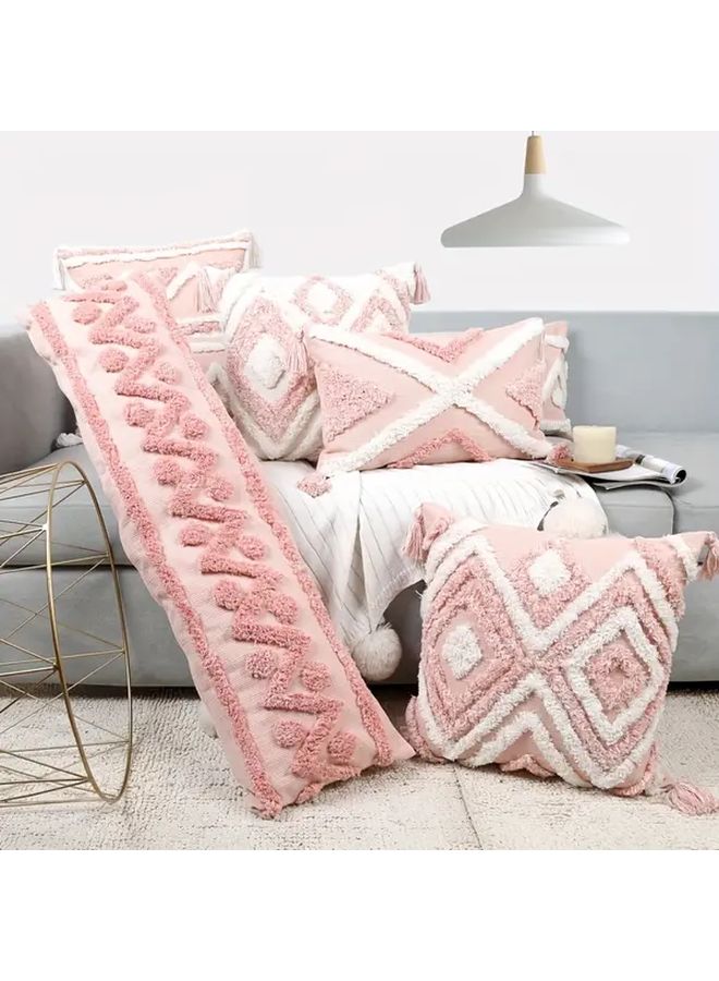 Boho Tufted Polyester Throw Pillow Cover With Tassels 18 X 18 Inch Pink White Geometric Square - Image 1