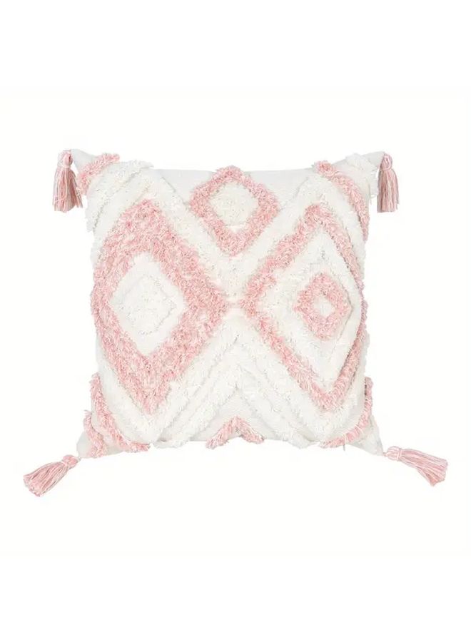 Boho Tufted Polyester Throw Pillow Cover With Tassels 18 X 18 Inch Pink White Geometric Square - Image 3
