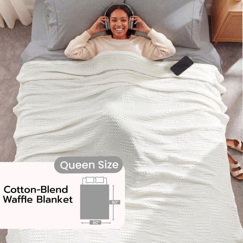 Joiedomi Cooling Waffle Blanket - Turkish Cotton Queen Size Soft White Blanket, Summer Breathable of Rayon Derived from Bamboo for Hot Sleepers, Luxuries Throw for Bed, Couch and Sofa, 90x90 Inches - Image 3