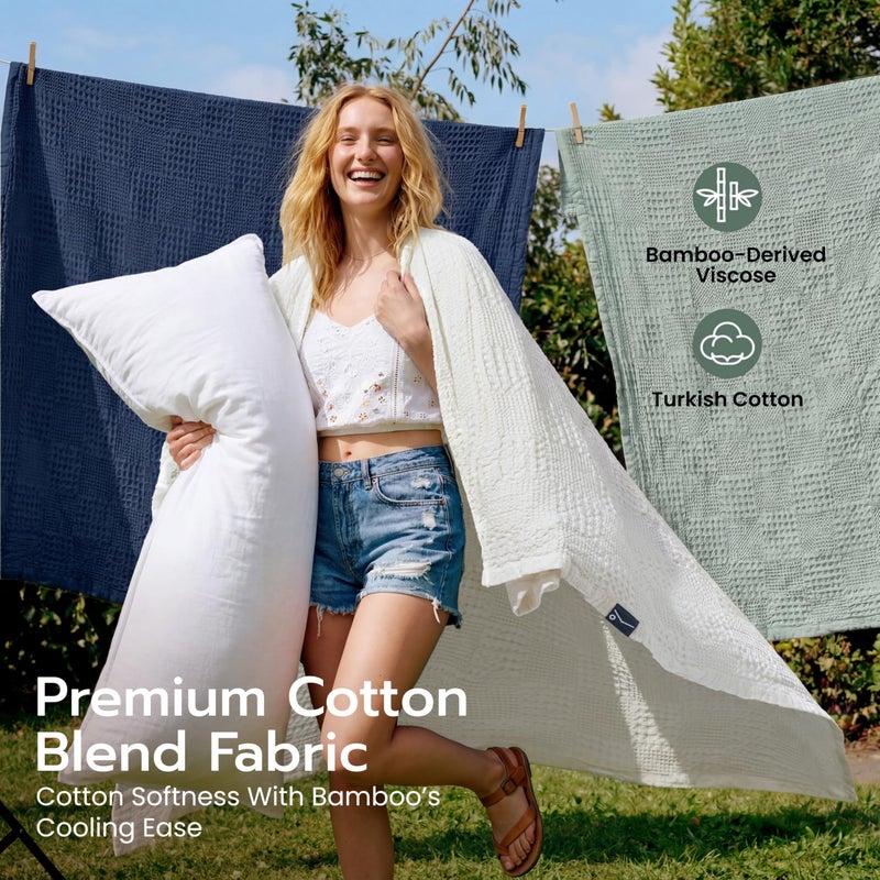 Joiedomi Cooling Waffle Blanket - Turkish Cotton Queen Size Soft White Blanket, Summer Breathable of Rayon Derived from Bamboo for Hot Sleepers, Luxuries Throw for Bed, Couch and Sofa, 90x90 Inches - Image 4