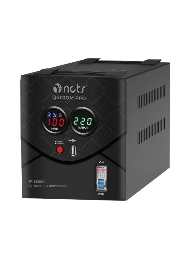 NCTS منظم جهد أوتوماتيكي NCTS Qstrom Pro QPR3000VA (3000VA/2400W) نظام حماية مثبت عالي الأداء شاشة LED منفذ USB تحكم CPU للاستخدام الثقيل لمعدات المنزل والمكتب - Image 1