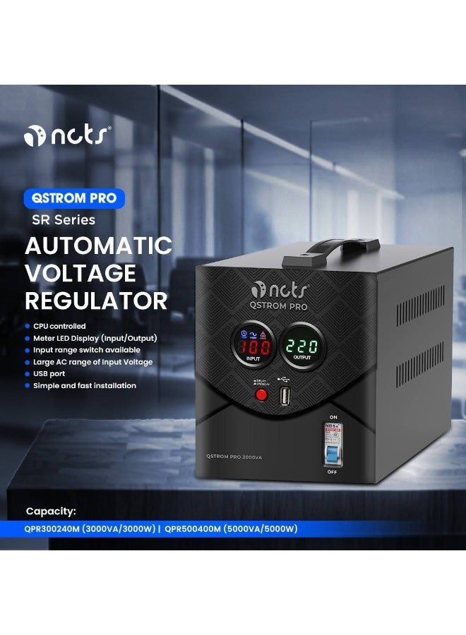 NCTS منظم جهد أوتوماتيكي NCTS Qstrom Pro QPR3000VA (3000VA/2400W) نظام حماية مثبت عالي الأداء شاشة LED منفذ USB تحكم CPU للاستخدام الثقيل لمعدات المنزل والمكتب - Image 2