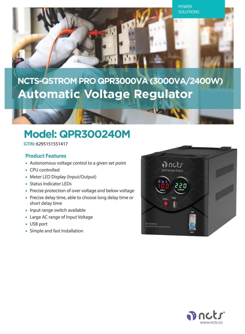 NCTS منظم جهد أوتوماتيكي NCTS Qstrom Pro QPR3000VA (3000VA/2400W) نظام حماية مثبت عالي الأداء شاشة LED منفذ USB تحكم CPU للاستخدام الثقيل لمعدات المنزل والمكتب - Image 3