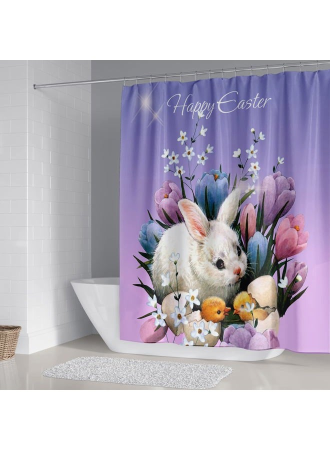 DDS-DUDES 4Pcs Easter Shower Curtain Sets，Funny Rabbit Easter and Blue Eggs for Bathroom Decor，Happy Easter Rabbit Waterproof Fabric Curtains with Hooks 71x71 inches (Colour F) - Image 2