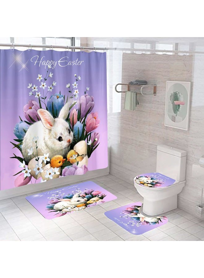 DDS-DUDES 4Pcs Easter Shower Curtain Sets，Funny Rabbit Easter and Blue Eggs for Bathroom Decor，Happy Easter Rabbit Waterproof Fabric Curtains with Hooks 71x71 inches (Colour F) - Image 1