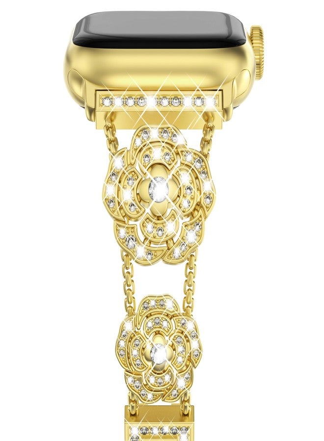 NewWays Compatible for Apple Watch Band 42mm (Series 10) 41mm 40mm 38mm for Women, Sparkling Bling Diamonds Camellia Rose Bracelet for iWatch Band Womens, Gold - Image 1