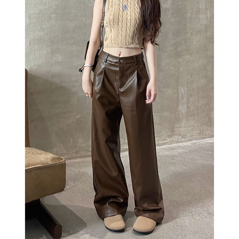 Vintage High-Waist PU Leather Culottes brown regular pants length 98cm