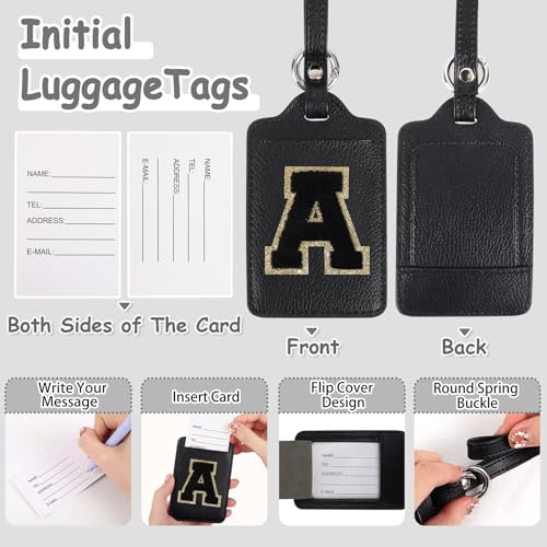 Iqimott Initial Luggage Tags for Suitcases, Cute Letter Luggage Bag Suitcase Identifier Name Baggage Tag, PU Leather Travel Luggage Tags, Bag Tags for Men Women Kids Luggage Handbags Schoolbags(Black-Black A) - Image 3