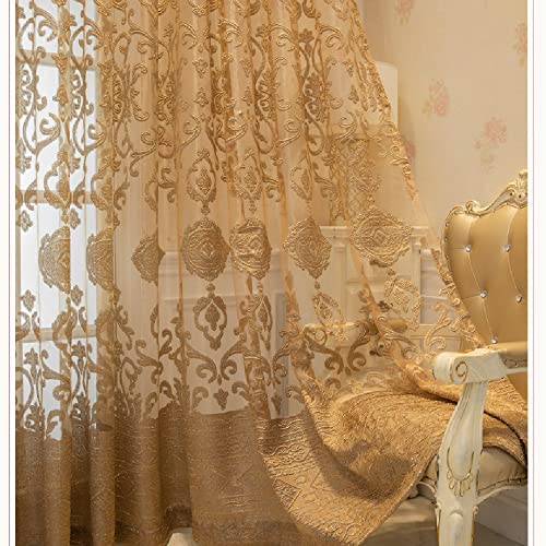 Amidoudou 1 Pair Luxury European Sheer Curtains Hollow Embroidered Tulle Curtains for Bedroom Living Room (Gold,54x90 Inch) - Image 1