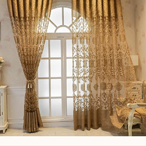 Amidoudou 1 Pair Luxury European Sheer Curtains Hollow Embroidered Tulle Curtains for Bedroom Living Room (Gold,54x90 Inch) - Image 2