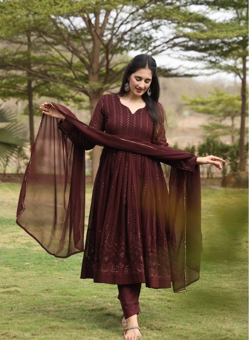 Super Asian Georgette Anarkali Gown with 3mm Sequins Embroidery, Full Sleeves, Micro Cotton Lining & Pants, 2.30m Dupatta - Image 1