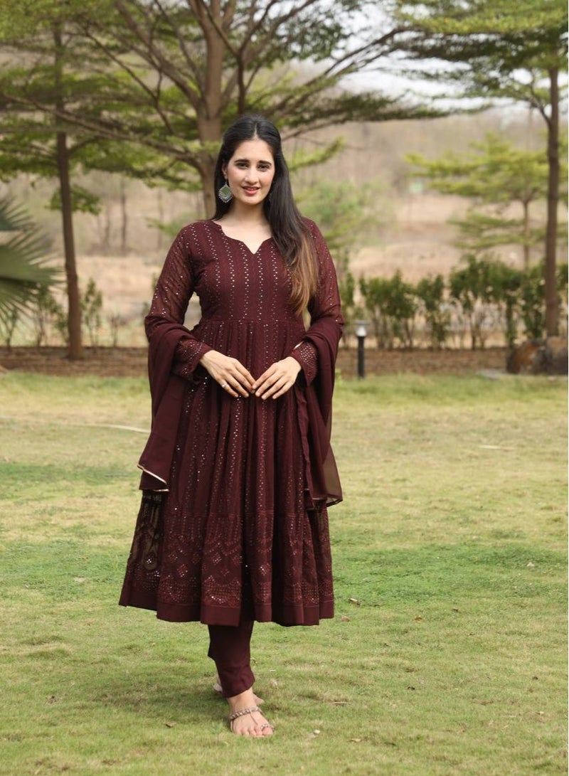 Super Asian Georgette Anarkali Gown with 3mm Sequins Embroidery, Full Sleeves, Micro Cotton Lining & Pants, 2.30m Dupatta - Image 3
