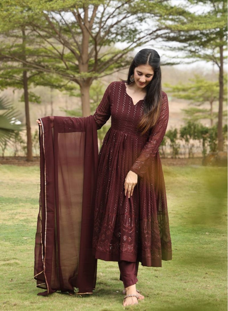 Super Asian Georgette Anarkali Gown with 3mm Sequins Embroidery, Full Sleeves, Micro Cotton Lining & Pants, 2.30m Dupatta - Image 4