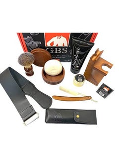 G.B.S Shaving Kit Box Includes Carbon Steel Razor 21" Leather Strop Wooden Soap Bowl With Vegan Shaving Brush + Stand Natural Glycerin Shave Soap Aftershave Gel And Alum Block  - Image 1