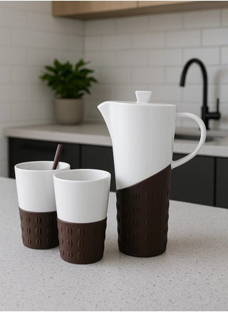 Regular Tea Set, Multi-Size, Ceramic, Brown and White, 1 Pot + 2 Cups ,With non-slip rubber base- T1118 - pzsku/Z74DCB698C2EFDA1108C7Z/45/1751919936/7414e0b2-445b-415f-92e1-b392401d327c