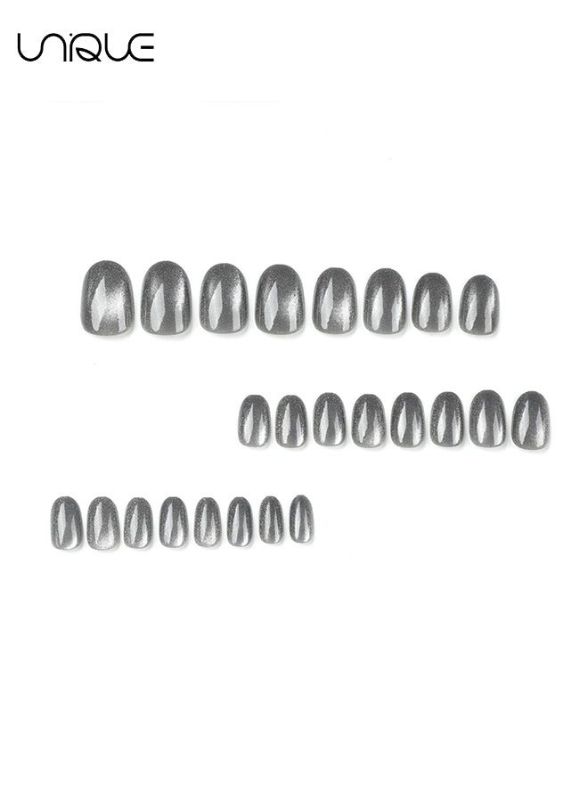Unique 24Pcs Fake Nails, Press Nails,Short Ballet Nails - Cat's Eye Short Oval Manicure - Grey Shiny Manicure - Fake Nail Patch  - Image 5