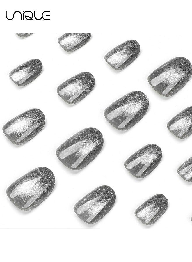 Unique 24Pcs Fake Nails, Press Nails,Short Ballet Nails - Cat's Eye Short Oval Manicure - Grey Shiny Manicure - Fake Nail Patch  - Image 4