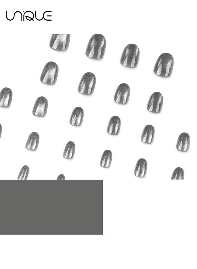 Unique 24Pcs Fake Nails, Press Nails,Short Ballet Nails - Cat's Eye Short Oval Manicure - Grey Shiny Manicure - Fake Nail Patch  - Image 3
