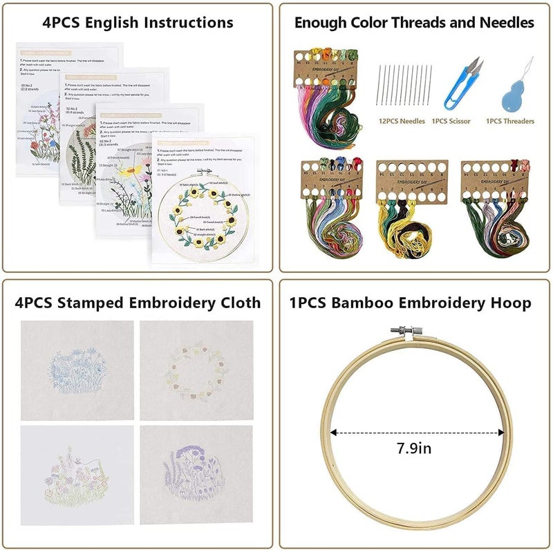 ChicAbode 4 Pack Embroidery Kits, Beginner Cross Stitch Kits for Adults Including Embroidery Hoop, Color Threads, Instructions and Embroidery Scissors for Beginners-Handmade Needlepoint Kits - Image 2