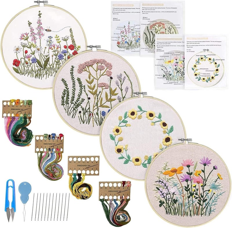 ChicAbode 4 Pack Embroidery Kits, Beginner Cross Stitch Kits for Adults Including Embroidery Hoop, Color Threads, Instructions and Embroidery Scissors for Beginners-Handmade Needlepoint Kits - Image 1