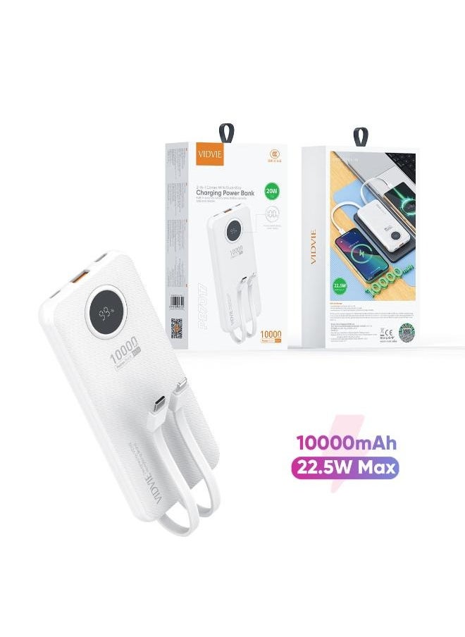 22.5W Power Bank 10000mAh Built-in 2 Type-C Cables and Lightning Cable with Digital Screen - White