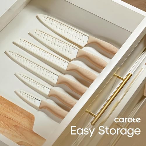 CAROTE 12 Pieces Knife Set, 6 Knives with 6 Blade Guards, Granite Nonstick Ceramic Coated, Professional Chef Knife, Utility, Bread, Utility, Paring, for Home & Restaurant Use Wood Grain Handle, White - Image 5