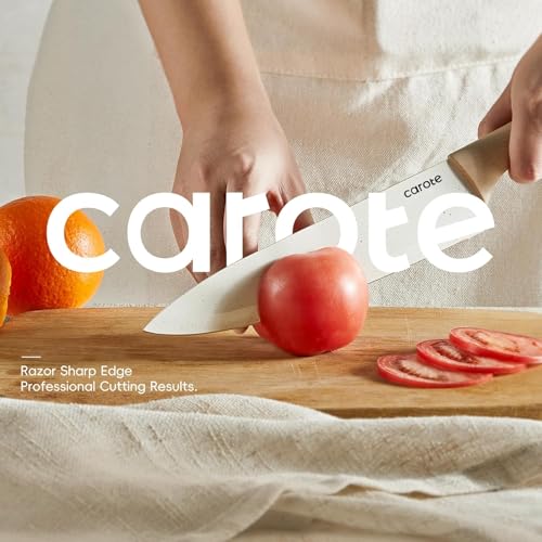 CAROTE 12 Pieces Knife Set, 6 Knives with 6 Blade Guards, Granite Nonstick Ceramic Coated, Professional Chef Knife, Utility, Bread, Utility, Paring, for Home & Restaurant Use Wood Grain Handle, White - Image 3
