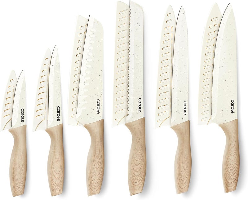 CAROTE 12 Pieces Knife Set, 6 Knives with 6 Blade Guards, Granite Nonstick Ceramic Coated, Professional Chef Knife, Utility, Bread, Utility, Paring, for Home & Restaurant Use Wood Grain Handle, White - Image 1