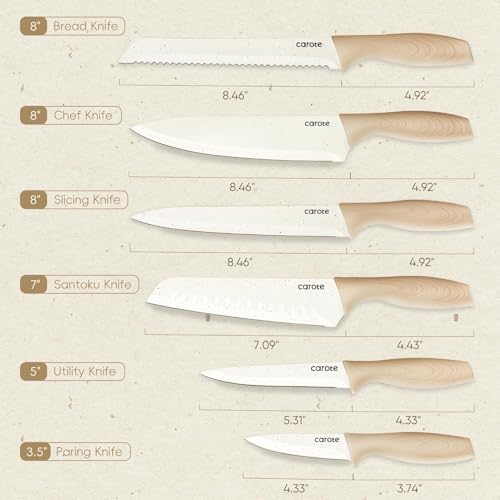 CAROTE 12 Pieces Knife Set, 6 Knives with 6 Blade Guards, Granite Nonstick Ceramic Coated, Professional Chef Knife, Utility, Bread, Utility, Paring, for Home & Restaurant Use Wood Grain Handle, White - Image 2