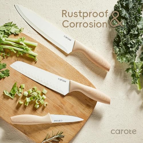 CAROTE 12 Pieces Knife Set, 6 Knives with 6 Blade Guards, Granite Nonstick Ceramic Coated, Professional Chef Knife, Utility, Bread, Utility, Paring, for Home & Restaurant Use Wood Grain Handle, White - Image 4