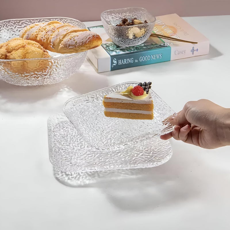 Square glass plate set-a full set of 7 pieces including a large serving plate and small plates for fruits, salads, and serving cakes elegantly versatile - Image 4