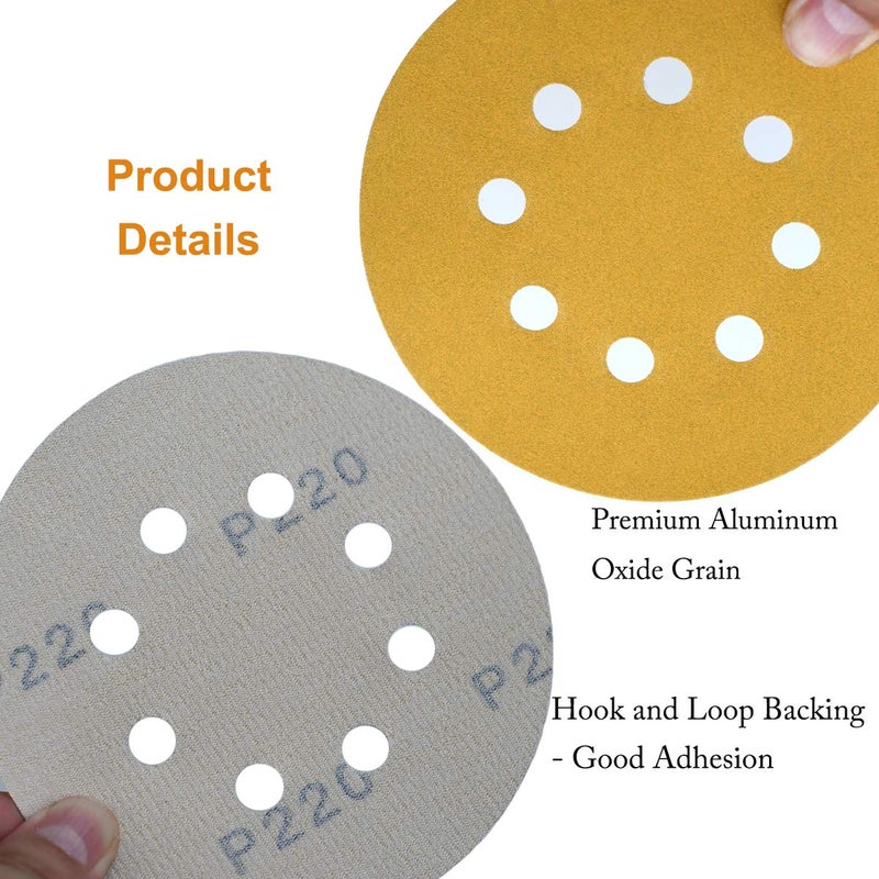 Aiyard 5-Inch 8-Hole Hook and Loop Sanding Discs 220-Grit Random Orbit Sandpaper, 100-Pack - Image 5