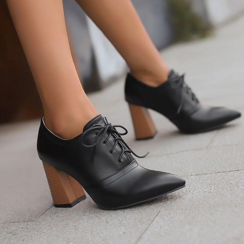 2024 Spring Fashion High Heel Pointed 32-50 Super Plus Size Front Lace Wood Grain Heel Shoes - Image 3