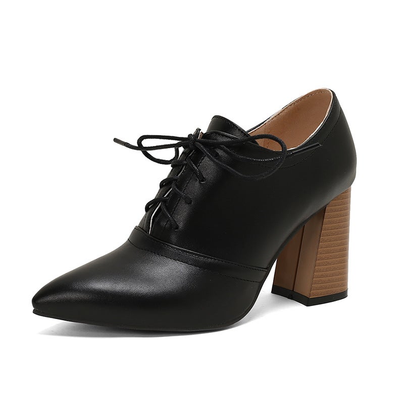 2024 Spring Fashion High Heel Pointed 32-50 Super Plus Size Front Lace Wood Grain Heel Shoes - Image 1