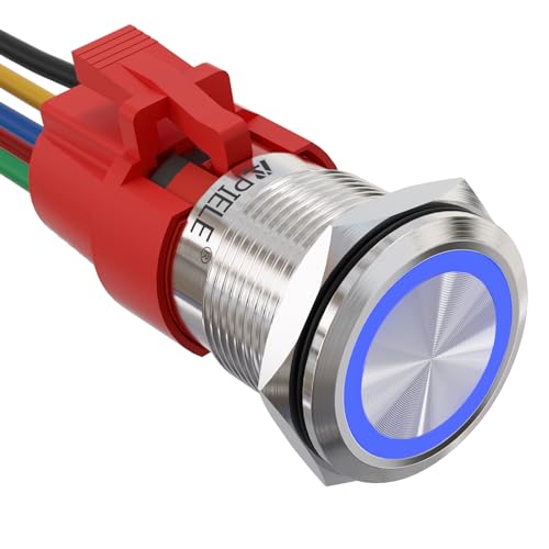 APIELE 19mm Latching Push Button Switch 12V DC Angel Eye Halo Ring LED Metal 0.74" 1NO1NC SPDT with Wire Socket Plug (Blue) - Image 1