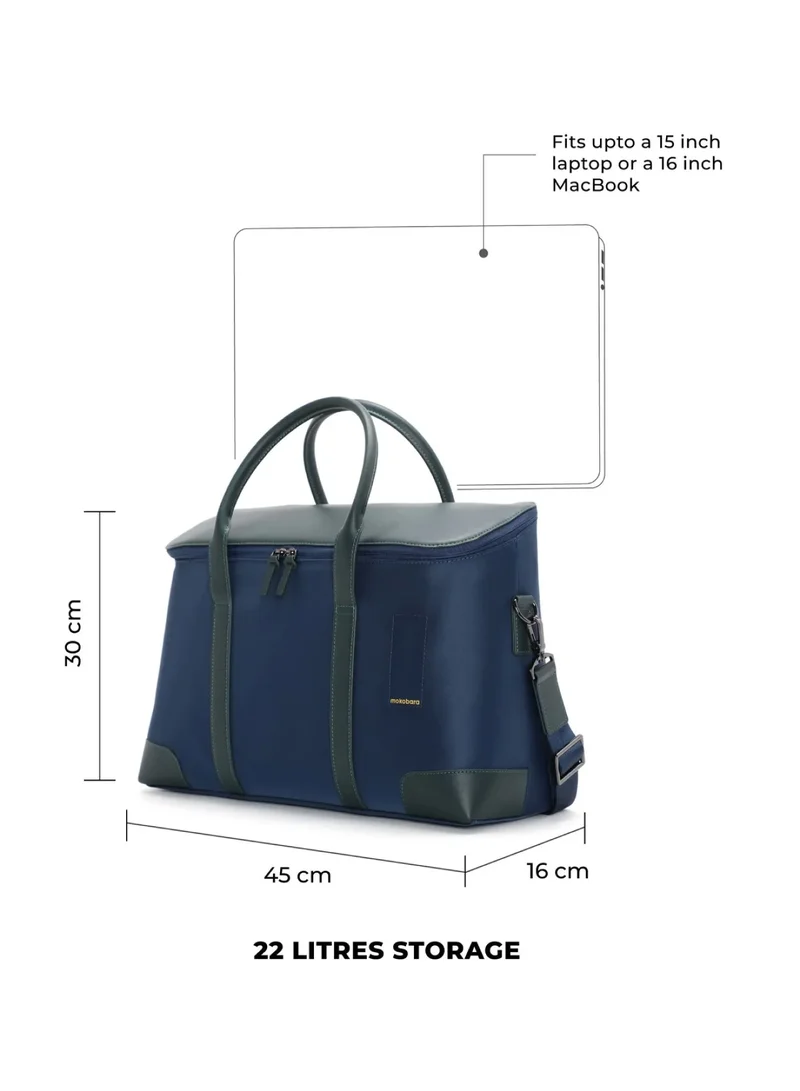 Mokobara The Cabin Duffle | Vegan Leather Water Resistant Cross Body Travel Bag for Men and Women with 16" Laptop Compartment | Blue Messenger Bag (Money Moves)
