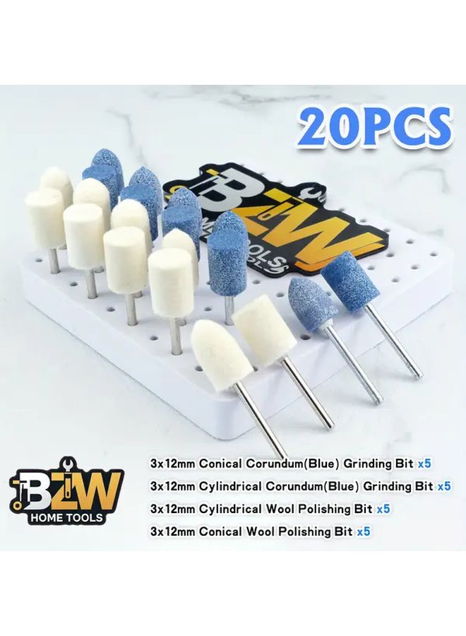 20pcs Polishing And Buffing Kit 10 Blue Corundum 10 Wool Bits 3mm Shank For Dremel - Image 1