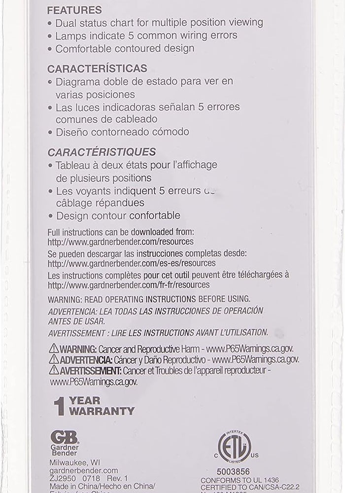 Gardner Bender GRT-3500 Outlet Receptacle Tester & Circuit Analyzer with Comfort Grip and Wiring Error Indicators - Image 5